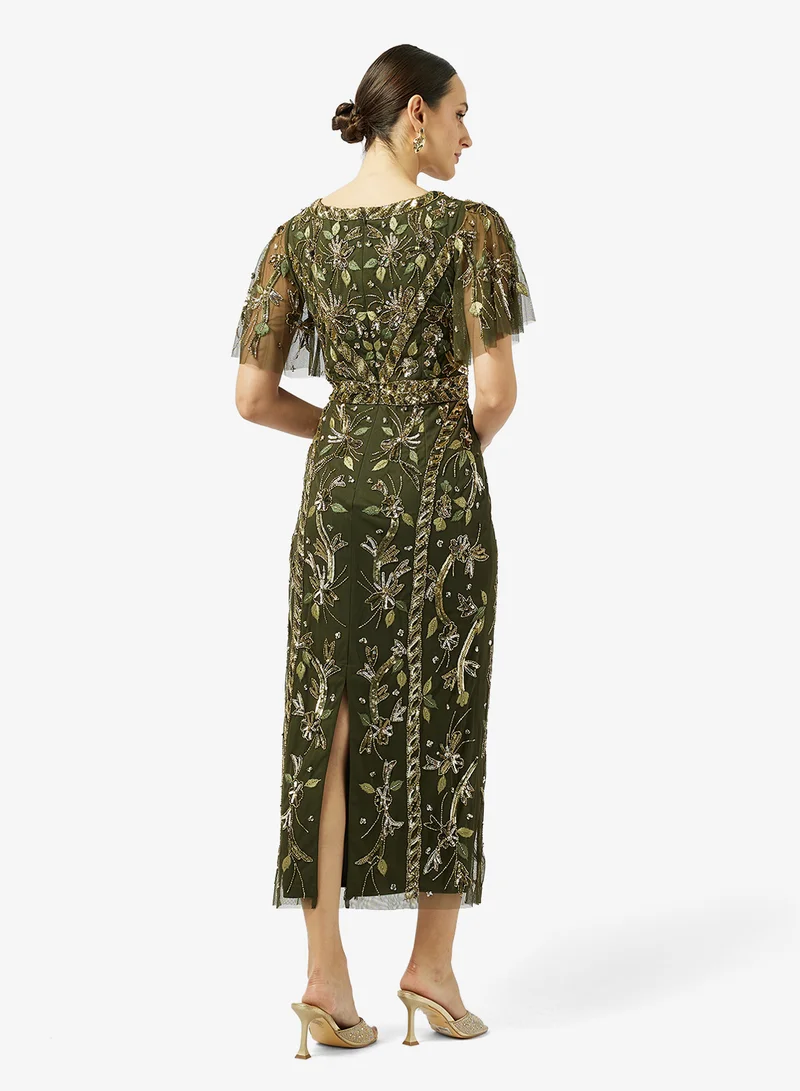 Adrianna Papell V Neck Mesh Detailed Maxi Dress